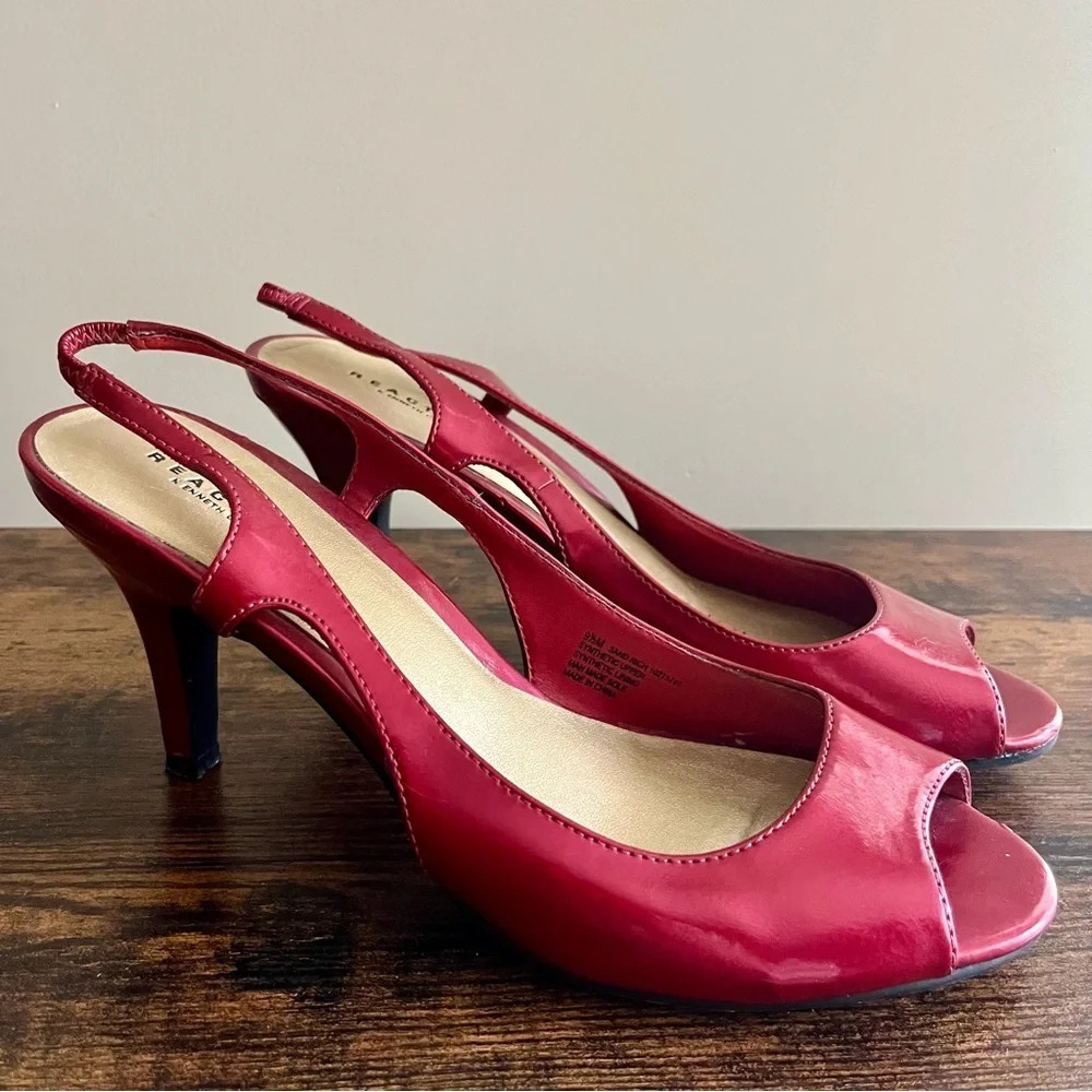 Kenneth Cole| Cherry Red Patent Leather Sling Back Open Toe  Shoes Size 9.5